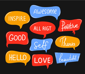 Set of speech bubbles and talks clouds with phrases.  Comments and conversation. Hand drawn. Vector illustration. Isolated. Quotes and slang. Trendy comic style. Online chat. Conversation with words.