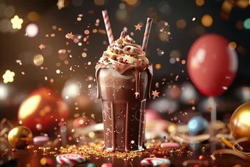  Chocolate milk shake, Delicious dessert,decorated with lollipops candy necklaces balloons stars streamers and glittering confetti, Hyper-realistic style, Generative AI © ftlupuper