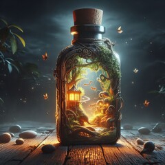 Enchanting Forest with a Glowing Objects Encased in a Magical Ornate Glass Bottle”