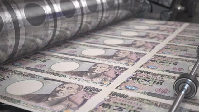 Printing money japan yen bills on a print machine in typography.. looped 3d animation