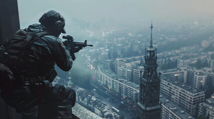 A lone soldier with a rifle surveils a sprawling city engulfed in twilight haze, depicting a moment of calm before potential conflict - obrazy, fototapety, plakaty