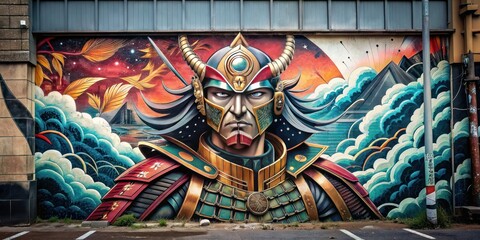 colorful graffiti on the street art on the wall Japanese samurai warriors and culture