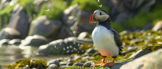3D vector design of a puffin standing with a fish in its beak, detailed rocky shore setting,
