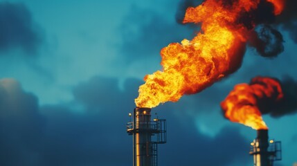 Gas flare pipe at an oil refinery, intense flame when burning excess gases