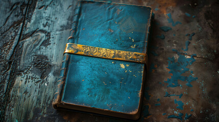 Vintage blue leather journal with a golden clasp, lying on a rustic wooden table with distressed paint, evoking a sense of mystery and nostalgia. - obrazy, fototapety, plakaty