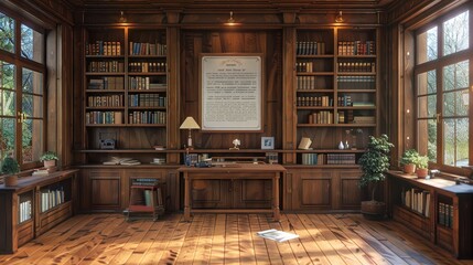 A 3D rendered cozy study room with warm wooden floors and bookshelves, featuring a mock-up frame above a classic writing desk. Ambient lighting from a vintage desk lamp casts a soft glow