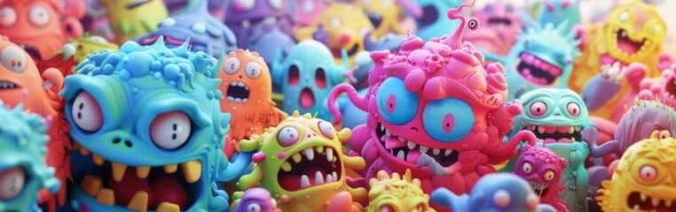 3D rendering of a playful background filled with colorful cute monsters in doodle style