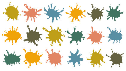 Colorful paint or liquid stains, drops of juice, water, ink, splatter set. Round flat collection of different cartoon uneven shapes isolated on white background.