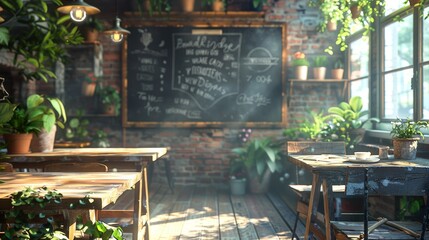 A 3D rendered cozy coffe corner with rustic wooden tables and a chalkboard wall for ample copy space.