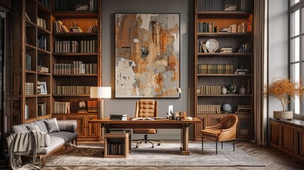 Obraz na płótnie Canvas Classic Home Office with Vintage Map Wall Art and Leather Armchair