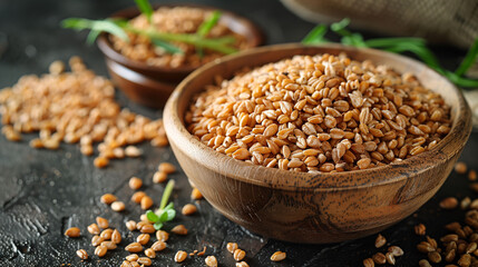 Organic wheat grains in wooden bowls on a dark surface, with fresh green leaves for garnish, depicting healthy whole grain food ingredients. - Powered by Adobe