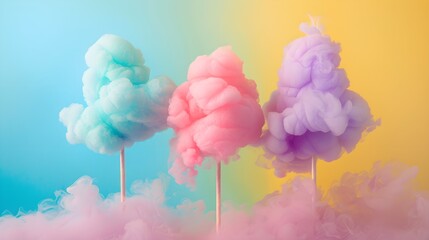 Cotton candy on sticks in teal, pink and lavender hues with dreamy smoke effect. Abstract creative food presentation  background - 783783496
