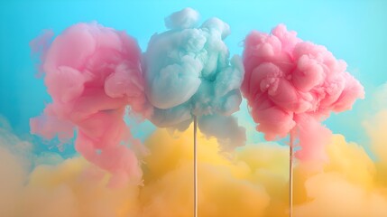 Cotton candy on sticks in teal, pink and lavender hues with dreamy smoke effect. Abstract sweet food background - 783783497