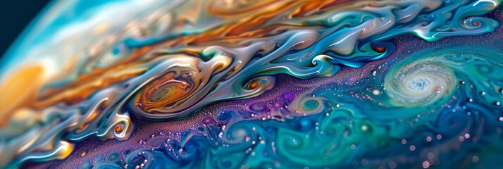 3D rendering of Jupiter's surface, showing swirling storms and colorful streaks of clouds