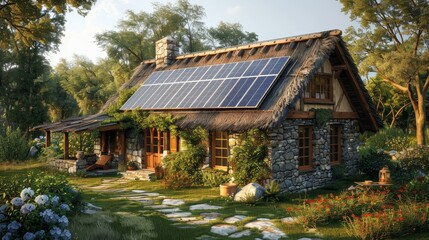 rustic-style stone cottage with thatched roof and solar panels that integrates with the rural environment.