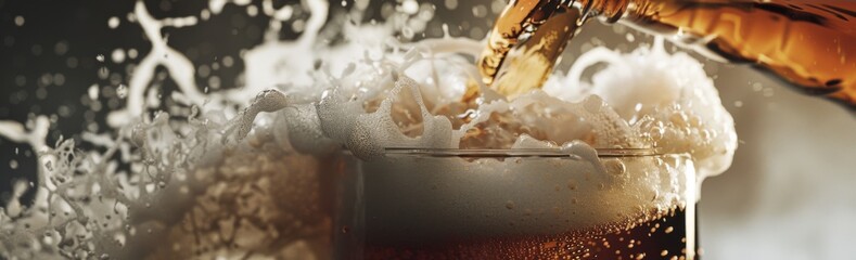 Beer pouring with a close-up shot that captures the wave-like curve of frothy foam cascading into the glass