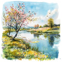 Spring watercolor landscape, field with flowers near the river