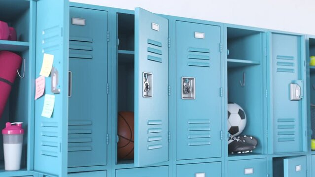 Sport games concept. Locker room in a school with various types of sports equipment. 3d animation