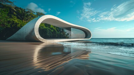 Fototapeta premium Beach house with curved design and reflection pool at sunset.