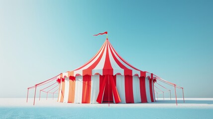 A red and white circus tent with intricate details such as a flag and a party entrance - obrazy, fototapety, plakaty
