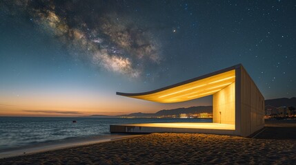 A modern beach structure under a night sky filled with stars.
