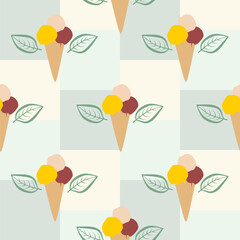 ice cream background, seamless pattern of ice cream scoops in a cone, texture of ice cream in yellow, red pink and green leaves, simple design, ice cream with natural ingredients, ice cream logo	