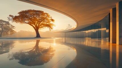 a solitary pine tree standing tall in the center of a sweeping courtyard enclosed by curved concrete walls. The tree is set against a clear blue sky with its mirror image reflected