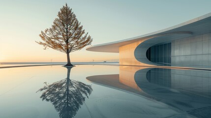 a solitary pine tree standing tall in the center of a sweeping courtyard enclosed by curved concrete walls. The tree is set against a clear blue sky with its mirror image reflected - obrazy, fototapety, plakaty