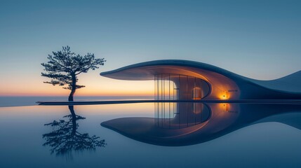 the warm glow of the setting sun on a curvilinear, modernist building with its striking silhouette mirrored on a reflective water surface.