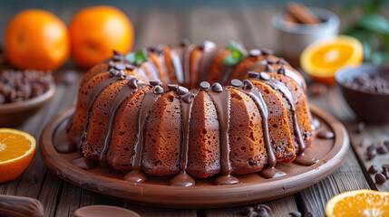 Delicious chocolate bundt cake with orange glaze, garnished with chocolate chips on a wooden table, surrounded by fresh oranges and cocoa beans. Perfect for dessert-themed designs. - Powered by Adobe