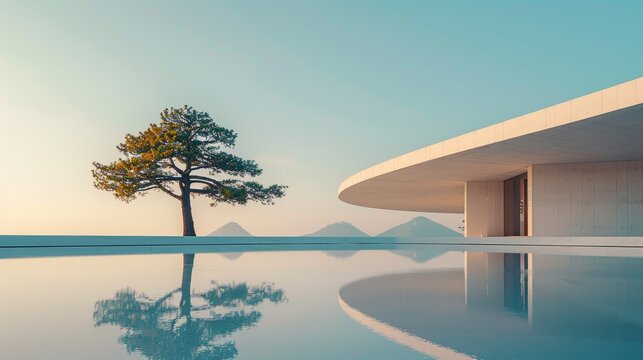 a solitary pine tree standing tall in the center of a sweeping courtyard enclosed by curved concrete walls. The tree is set against a clear blue sky with its mirror image reflected