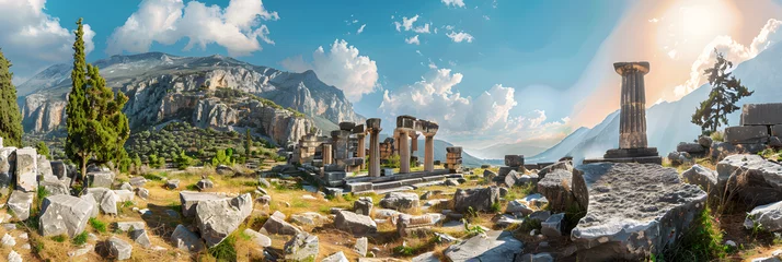 Foto op Plexiglas Ancient temple in Greece, view of Greek ruins on mountain and sky background, landscape with old historical building, sun and rocks. Theme of antique, travel and culture © john