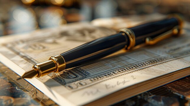 Photorealistic image of a checkbook and pen, ready for financial transactions, closeup, natural light ,ultra HD,clean sharp,high resulution