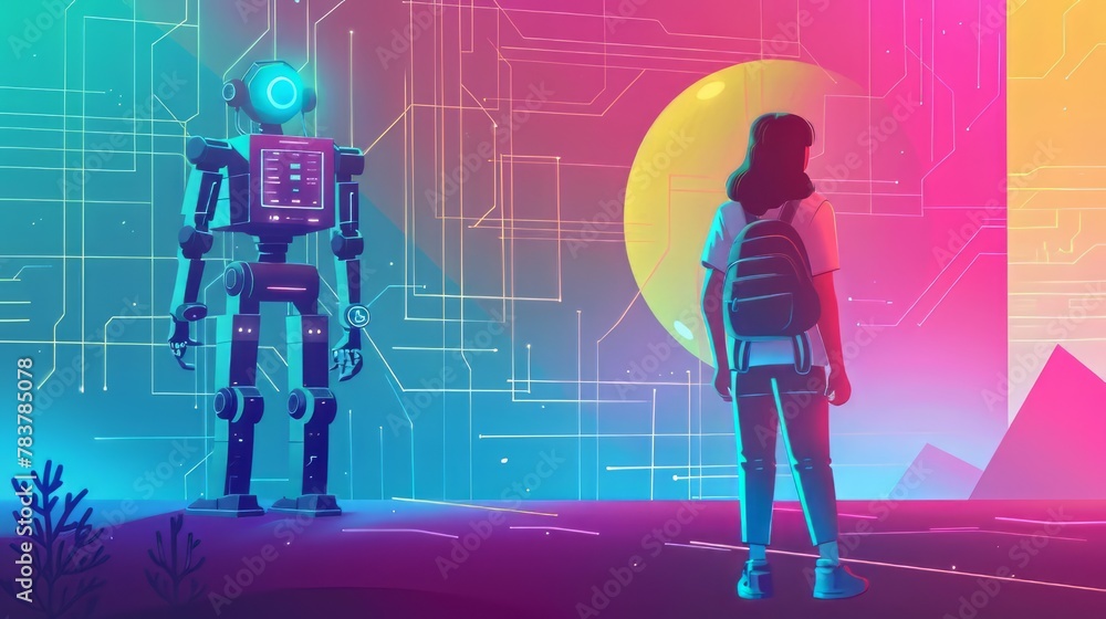 Poster a robot and a girl are standing in front of a building. the robot is wearing a backpack