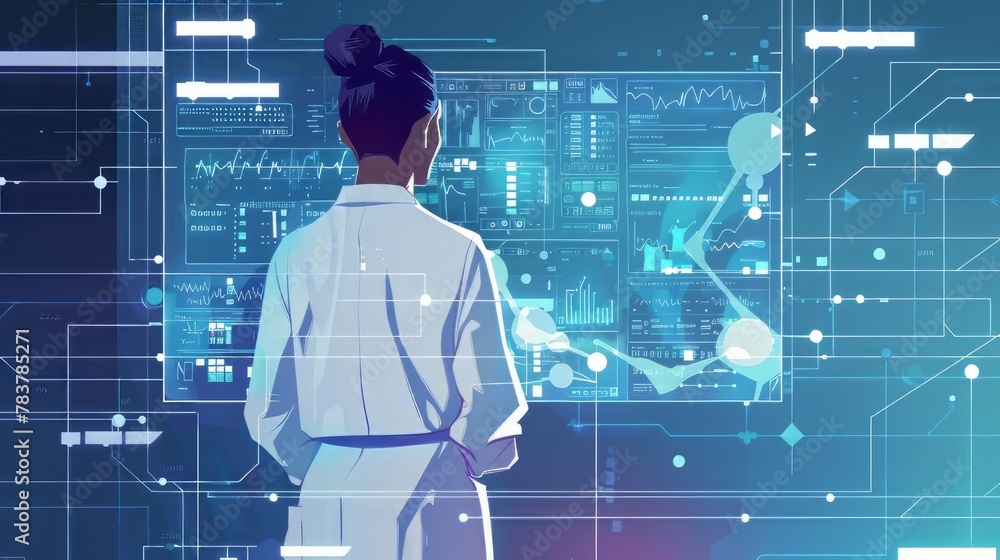 Poster a woman in a white lab coat stands in front of a computer monitor displaying a complex network of wi