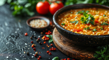 Hearty homemade vegetable soup with chickpeas and parsley in a rustic bowl, surrounded by fresh tomatoes, herbs, and spices on a dark wooden background. - obrazy, fototapety, plakaty