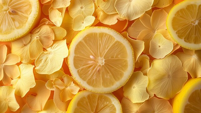 Fresh Lemon Slices and Yellow Hydrangea Petals on Orange Background