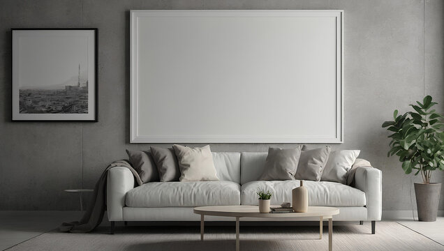 A blank mockup frame hangs on the wall in a modern interior room design with simple modern furniture, depicted in 3D render style. illustration Generative AI