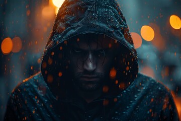 Rain and lights play off a hooded figure on a city street at night, creating a captivating, atmospheric scene - obrazy, fototapety, plakaty