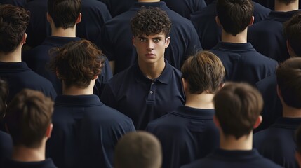 A group of peope going one direction, while man in the middle standing in the middle facing opposite direction lookin at camera