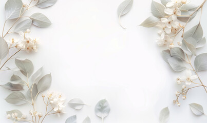 Tender light pastel light frame made of white leaves and flowers on white background for invitation postcard for wedding or festive event - obrazy, fototapety, plakaty
