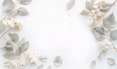Fotobehang Tender light pastel light frame made of white leaves and flowers on white background for invitation postcard for wedding or festive event © NickArt