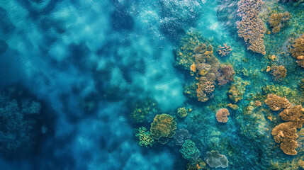 Aerial view of a vibrant coral reef, showcasing a mosaic of aquatic colors amidst the clear blue waters of a calm sea.