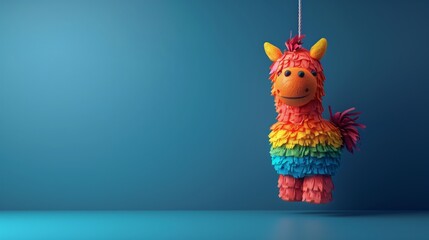 Festive Mexican Pinata for colorful party decorations, Minimalist depiction of a colorful pinata hanging from a string on a solid background