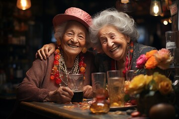 elderly women friends relaxing in a bar, drinking alcohol and having fun. grandmothers drinking in a restaurant in a good mood. gray old women relax with alcohol and cocktails. joy and fun