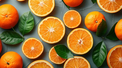 Fresh Halved and Whole Oranges with Green Leaves on Gray Background