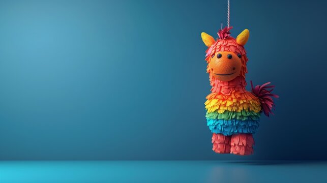 Festive Mexican Pinata for colorful party decorations, Minimalist depiction of a colorful pinata hanging from a string on a solid background