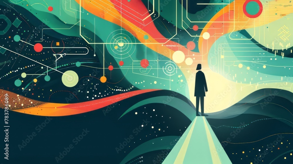 Fototapete a woman stands on a path in a colorful, futuristic landscape. the image is a work of art that repres