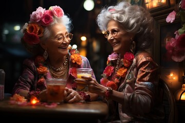 elderly women friends relaxing in a bar, drinking alcohol and having fun. grandmothers drinking in a restaurant in a good mood. gray old women relax with alcohol and cocktails. joy and fun