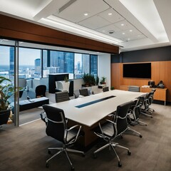 conference room with chairs and table, A photo of a modern office with a large conference table in the foreground. The table is surrounded by comfortable chairs and there is a large flat-screen TV